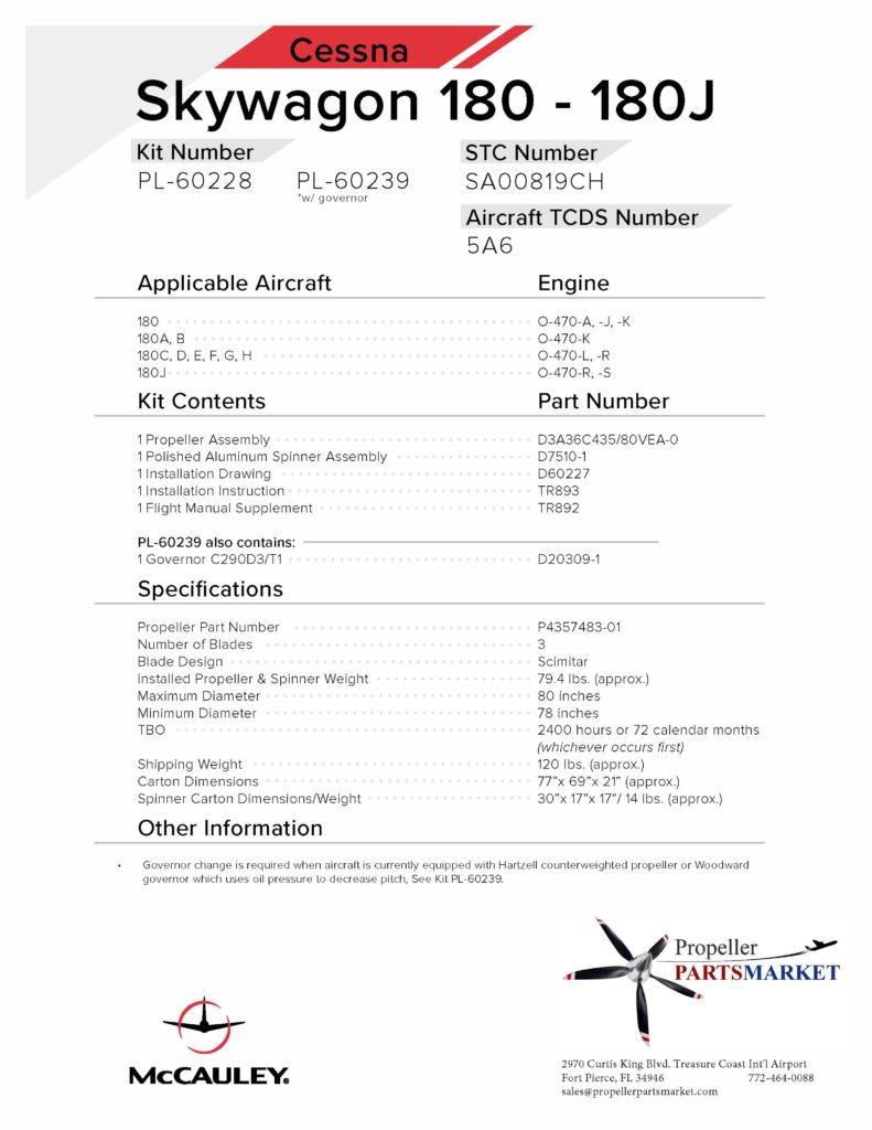 PL-60228 McCauley 3-Blade STC kit for Cessna 180 182 | Propeller